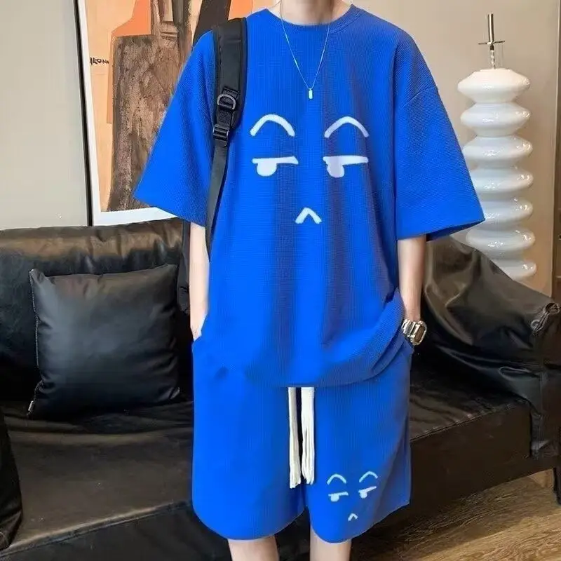 High Street Fashion Waffler Round Neck Summer Casual Suit Men Loose Short Sleeved Shorts Youth Loose Comfortable Two Piece Set