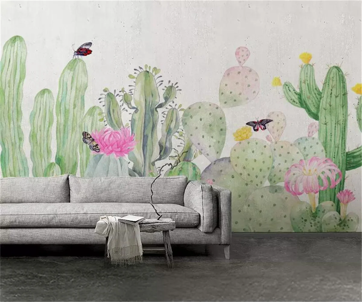 photo mural hand-painted garden plants cactus Butterfly TV background wall 3d wallpaper professional custom wallpaper mural