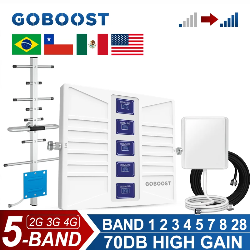 GOBOOST 5 Band Cellular Amplifier B28 B12 B13 700 850 1800 1900 2600MHZ LTE GSM 2G 3G 4G Signal Booster 70dB Mobile Repeater Kit tri band 900 1800 2100mhz mobile signal booster 2g 3g 4g networks repeater for asia africa europe