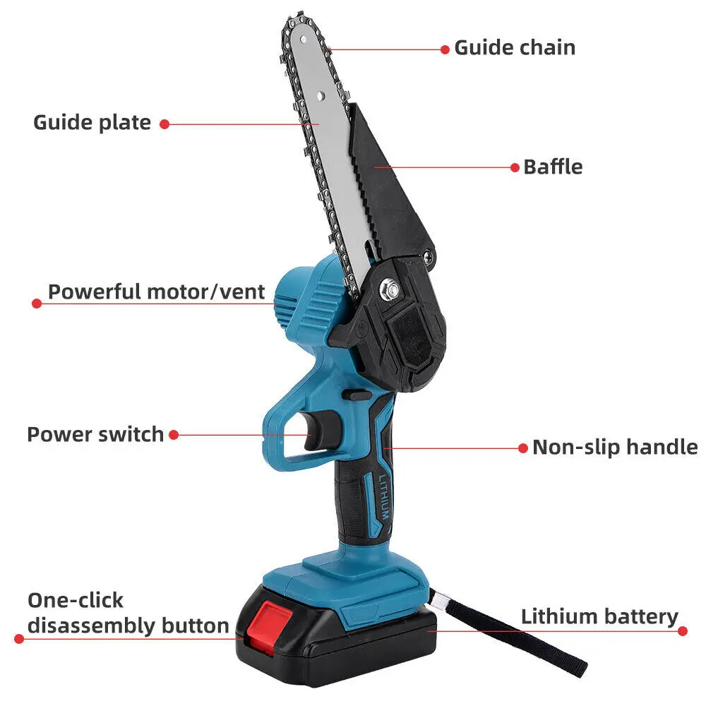 6inch Electric Chainsaw Cordless Rechargeable Wood Trimming Cutter Saw Chain Saws Garden Tools with 2 Batteries — view 3