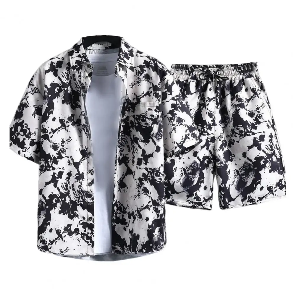 

Simple Printed Suit Men's Casual Summer Outfit Set with Short Sleeve Shirt Elastic Waist Shorts Hawaiian Print Lapel Shirt Wide