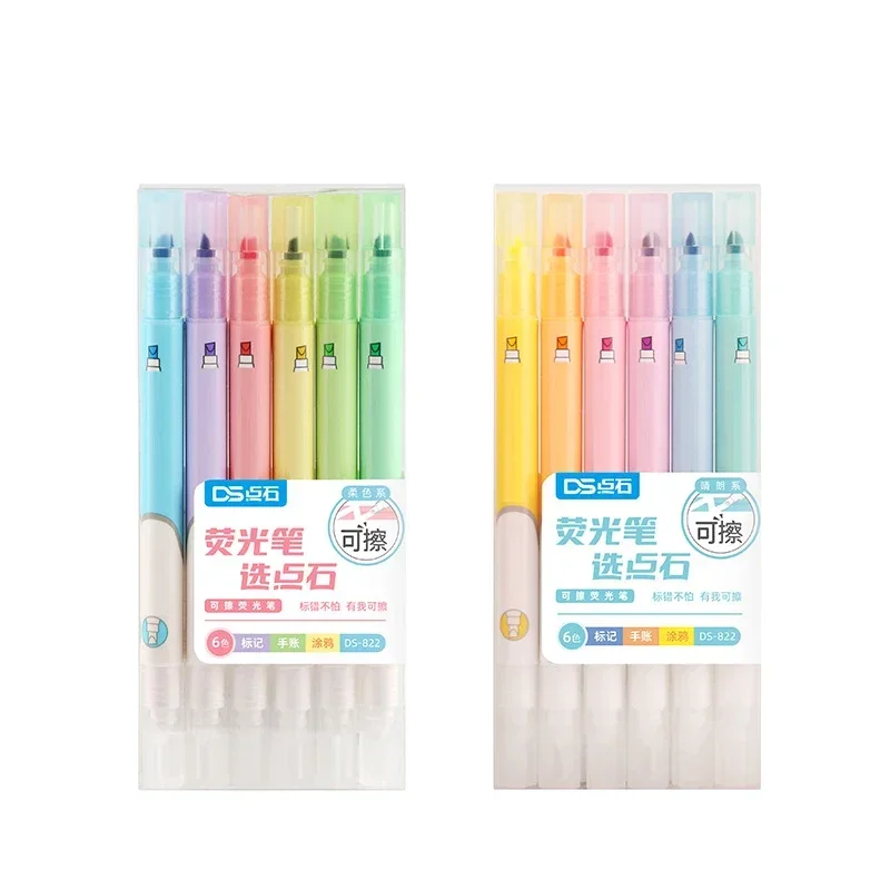 형광 지울 수 있는 마커 펜, 러프 마킹 키 마킹 펜, 캔디 컬러 학생 초보자 펜 문구, 세트당 6 개, 신제품