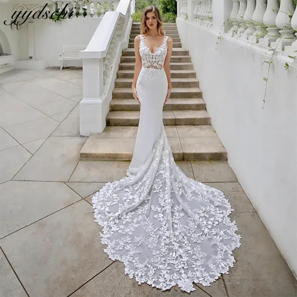 

Gorgeous Lace Appliques Sleeveless Satin Mermaid Wedding Dresses 2024 Ruffles Backless Court Train Tulle Bridal Gown For Women