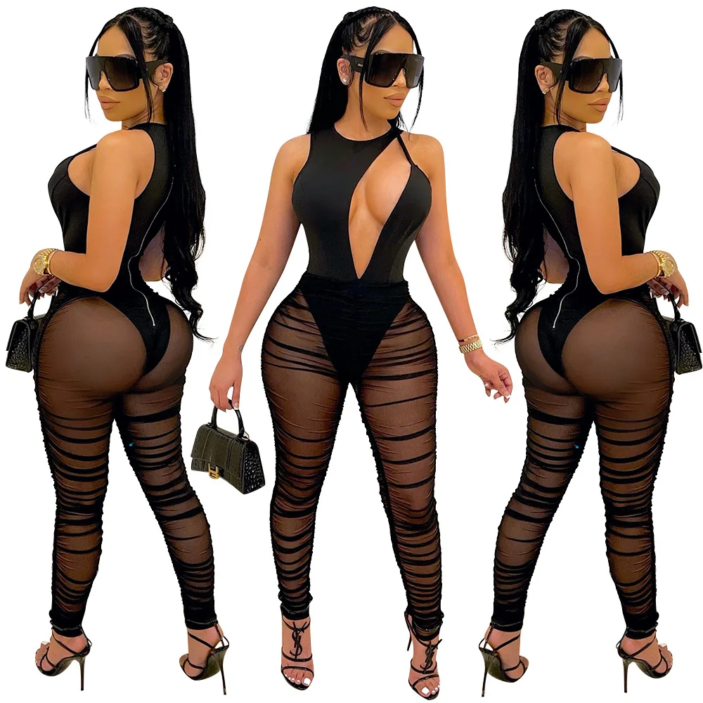 BKLD Summer One Pieces Outfits Women Clothing Fashion Sexy Mesh Perspective Pleated Sleeveless Hollow Out Irregular Jumpsuit