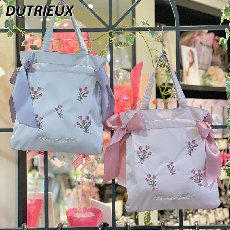 Summer Autumn 2024 New Japanese Style Women's Handbags Bow Exquisite Bag Embroidery Sweet Cute Casual Handbag for Ladies