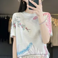 Thin Knitted Short-Sleeved Mulberry Silk T-Shirt In Summer With Women's Wool Printed Half-Sleeve Loose Ice Silk Bottoming Shirt - Image 5