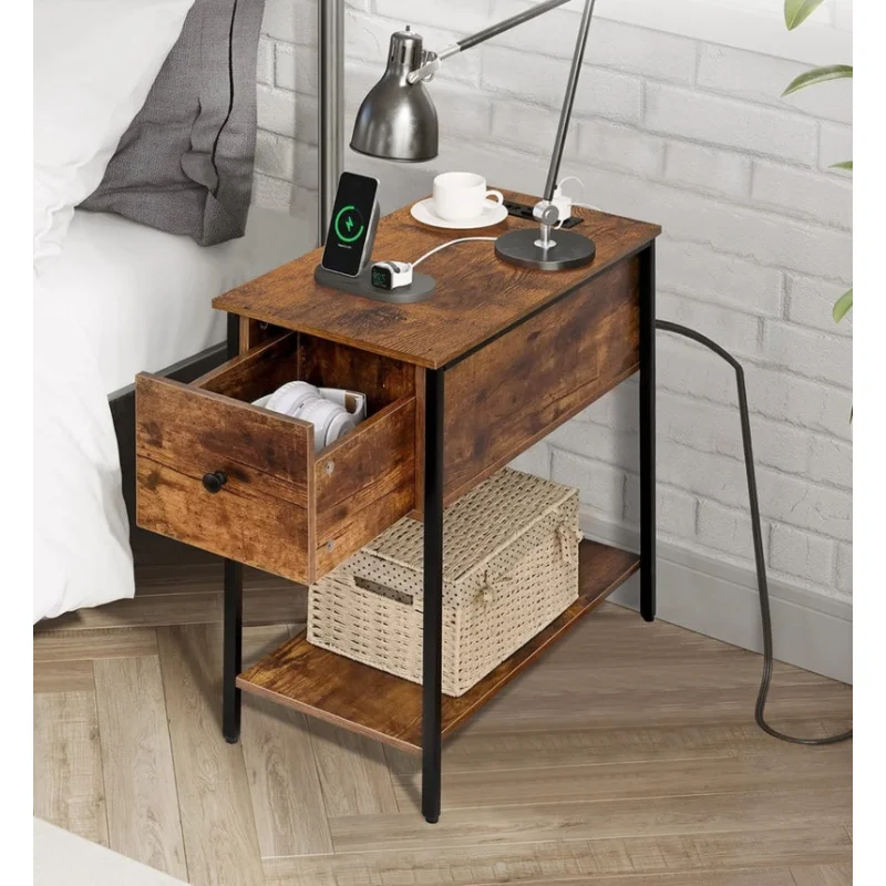 

End Table, with Charging Station and Drawer, nightstands with Metal Legs,2 USB Ports and 2 Outlets, Rustic Brown and Black