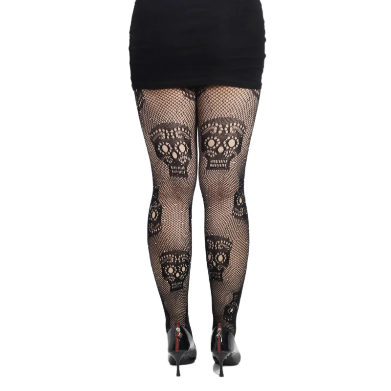 

Stylish Diamond Decorated Tights Sugar Skull Pattern Fishnet Pantyhose for Women P8DB