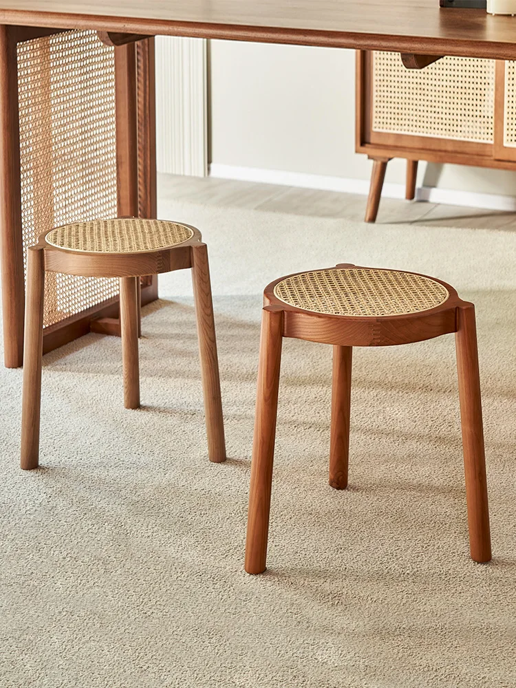 

Nordic stackable rattan weave modern simple living room small round stool, household solid wood low stool, shoe changing casual
