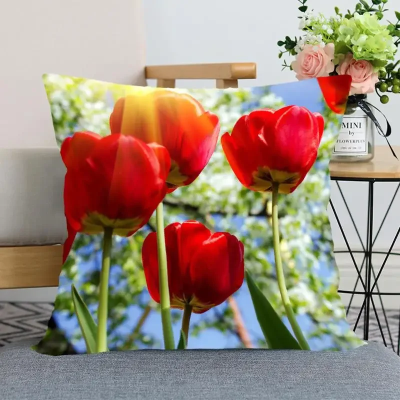 Tulip Flower Pillowcase Bedroom Home Office Decorative  Square 4