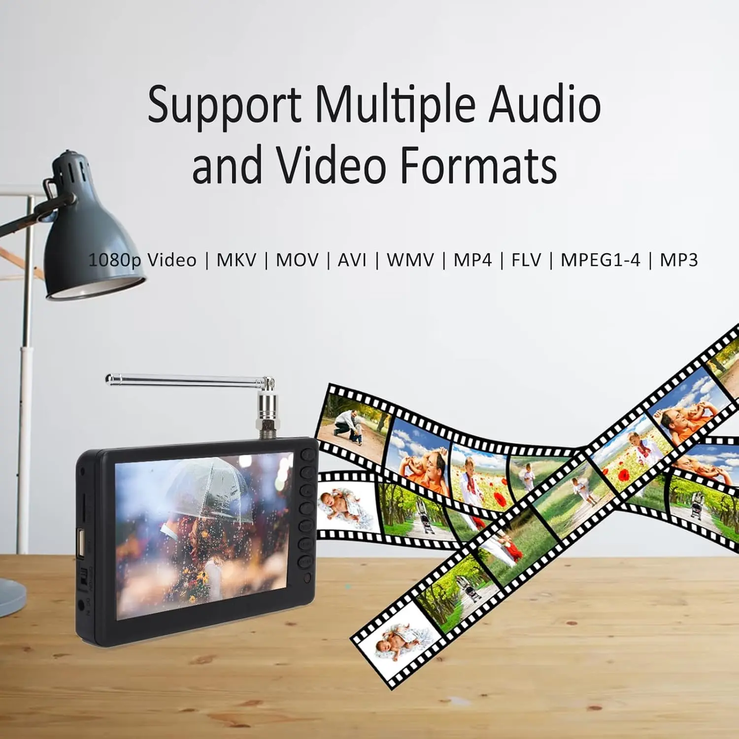 Portable ATSC HD TFT LED Digital TV-5' Mini TV with Remote Control, 1080P, Rechargeable Battery, USB & TF Card Support