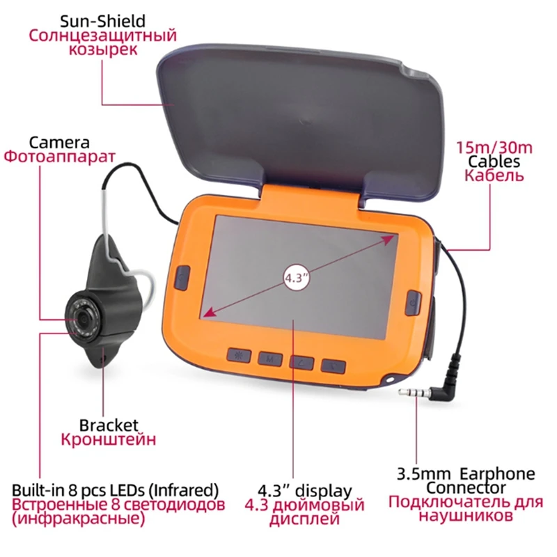 Underwater Video Camera For Ice Fishing 1000TVL Fish Finder 4.3" LCD Display 8PCS LED Night Vision Turn Off Function EU Plug 4