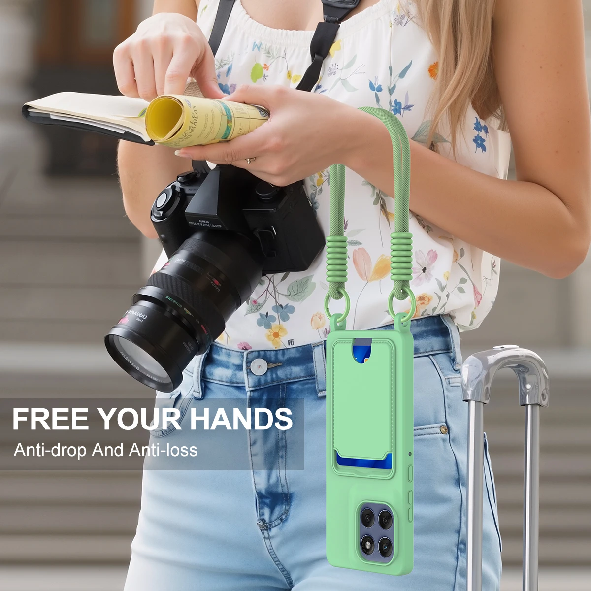 Lanyard Rope Phone Case with Silicone Card Holder and Fall Prevention Cover