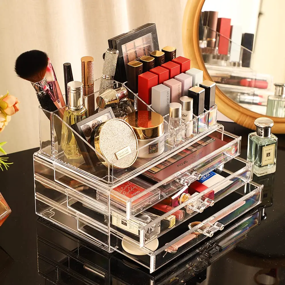 2 PCS Clear Stackable Makeup Storage 4 Drawers Bathroom Storage Organizer  Acrylic Drawers Organizer for For Jewelry Hair Accessories Nail Polish