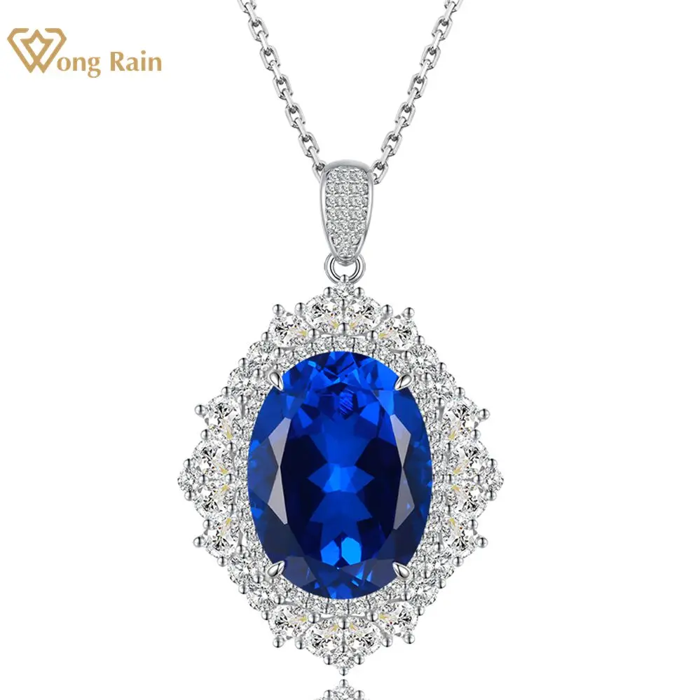 

Wong Rain 100% 925 Sterling Silver 30 CT Royal Blue Lab Sapphire Gemstone Cocktail 18K Gold Plated Necklace Pendant Fine Jewelry