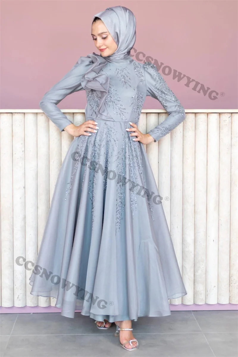 

Organza Appliques Beaded Muslim Prom Dresses Long Sleeve Arabic Dubai Evening Formal Party Gowns Moroccan Caftan Robes De Soirée