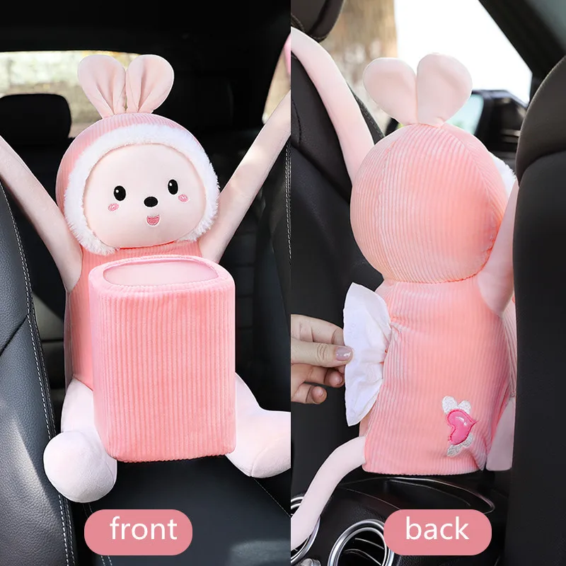 Car Tissue Holder 2 in1 Car Tissue Box Creative Rabbit Short Plush Tissue Box Holder for Car Armrest garbage can car tissue holder tissue box car interior accessories