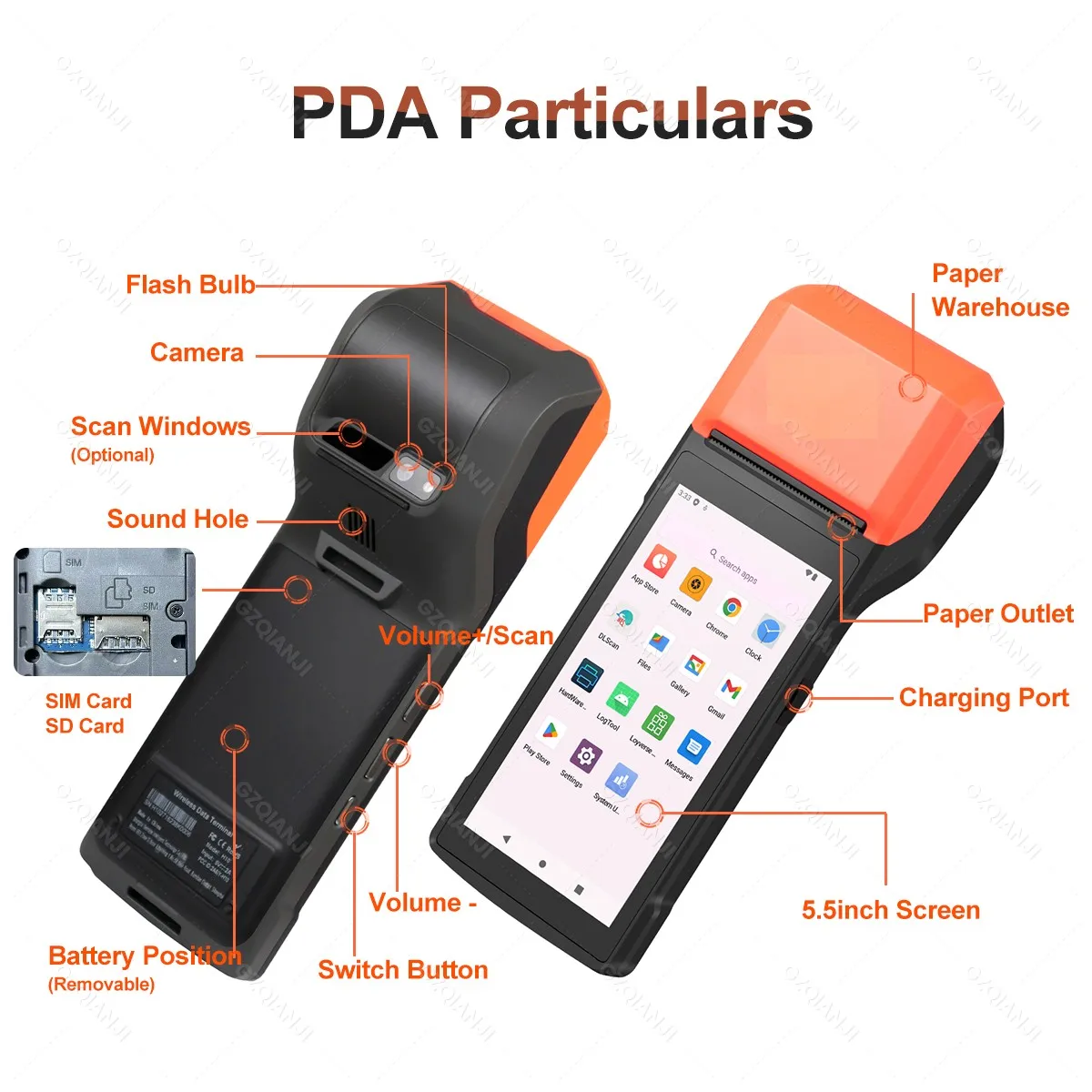 지능형 모바일 휴대용 PDA 단말기 영수증 프린터 5.5인치 터치스크린 무선 연결 1D/2D 리더 안드로이드 13/14
