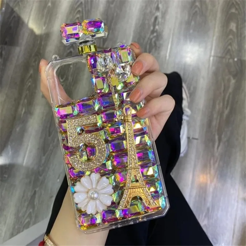Luxury 3D Eiffel Tower Perfume Bottle Glitter Bling Diamond With Chain Cases For iphone 15 14 13 12 11 Pro Plus MAX XR 7 8
