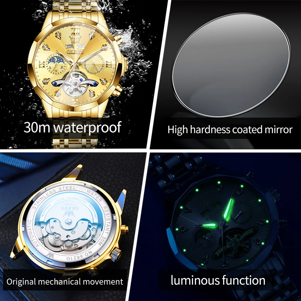 OLEVS 6621 Man Automatic Watch Rhombus Mirror Hollow Skeleton Mechanical Watch For Men Steel Strap Moon Phase Luxury Wristwatch