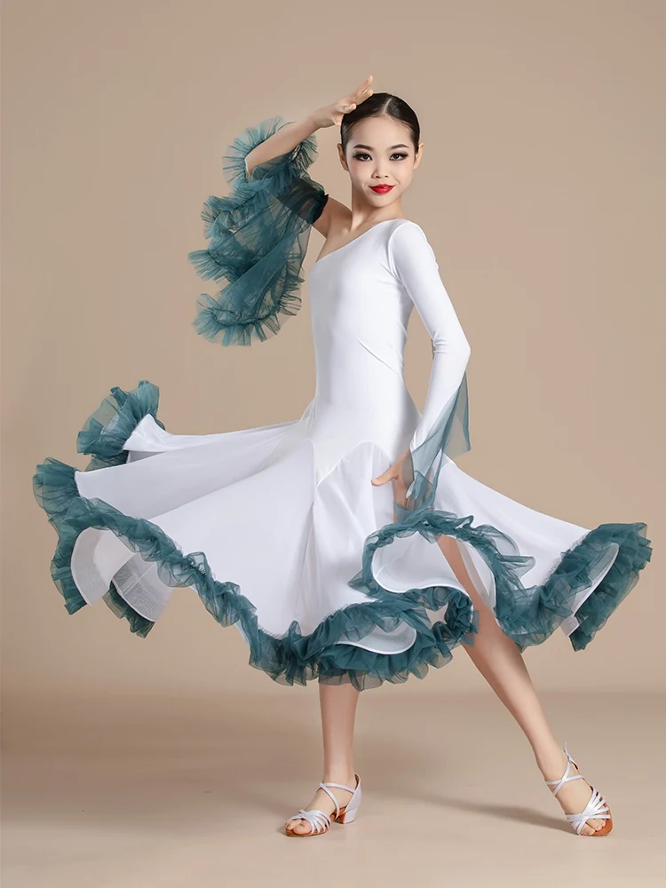 Girls One-Sleeve Ballroom Dance Dresses Standard Dancing Performance Costume Children Waltz Tango Dance Dress