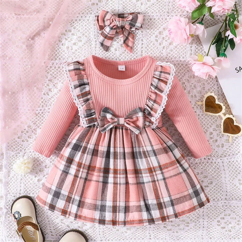 

Baby Girls Dresses Christmas Clothes Plaid Patchwork Crew Neck Long Sleeve Dress Fall Casual Princess Dress with Headband