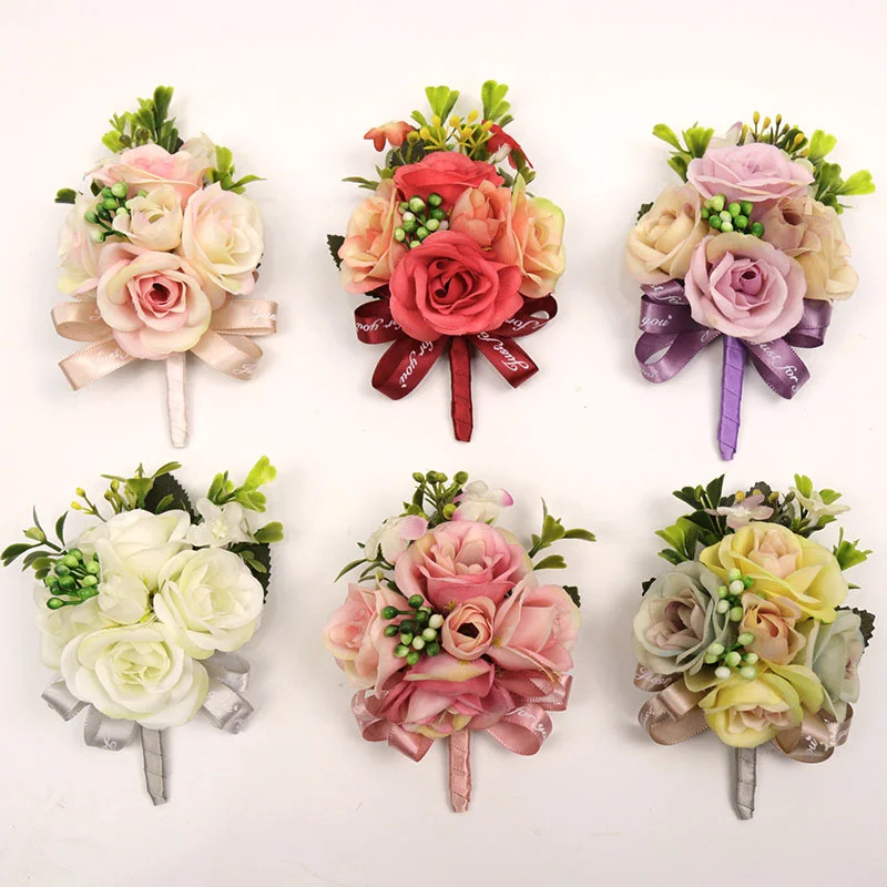 

Man Wedding Boutonniere Roses Corsage Bridesmaid Bracelet Flowers Witness Buttonhole Suit Accessories Broche Mariage Decor