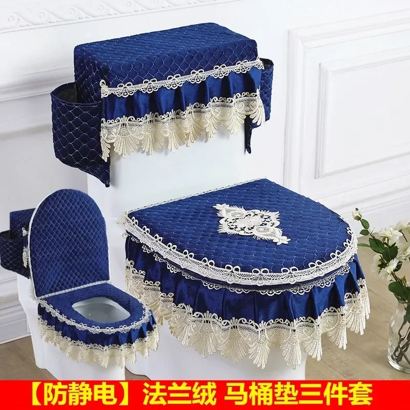 Lace Zippered U-shaped Fabric Toilet Seat Cushion Three Piece Toilet Mat Set Cover for Winter Household Use