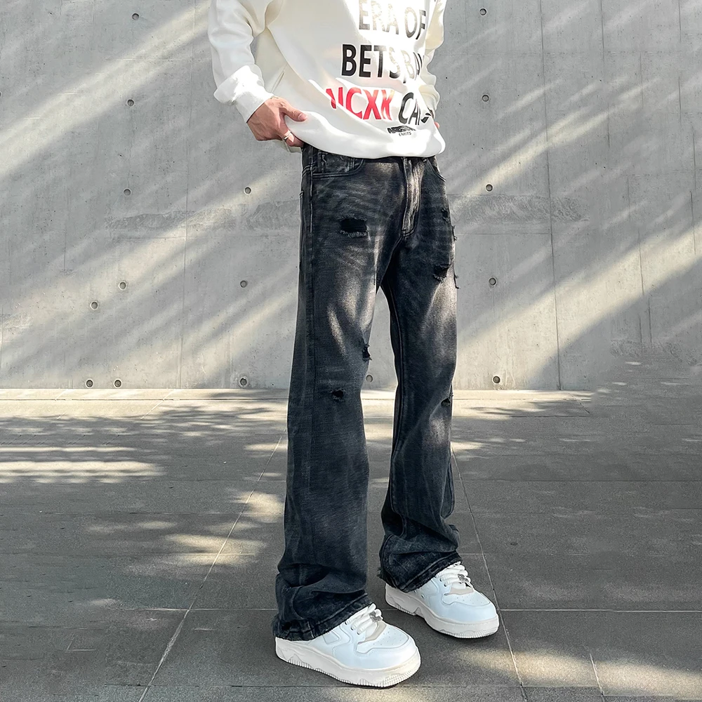 メンズ デニムパンツ ストリート カジュアル 破れ 膝破れ O00271 男性用の破れたジーンズ、fliredパンツ、カジュアルデニムパンツ