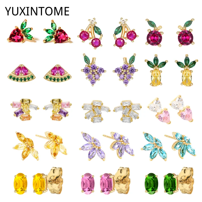 

925 Sterling Silver Ear Needle Colorful Crystal Fruit Earrings Small Cute Cherry Pineapple Grape Stud Earrings for Women Jewelry