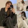 Women's Ice Silk 2 Piece Suit Pajamas Spring and Autumn Long-Sleeved Casual Striped Simple Loose Homewear Ladies Loungewear 1