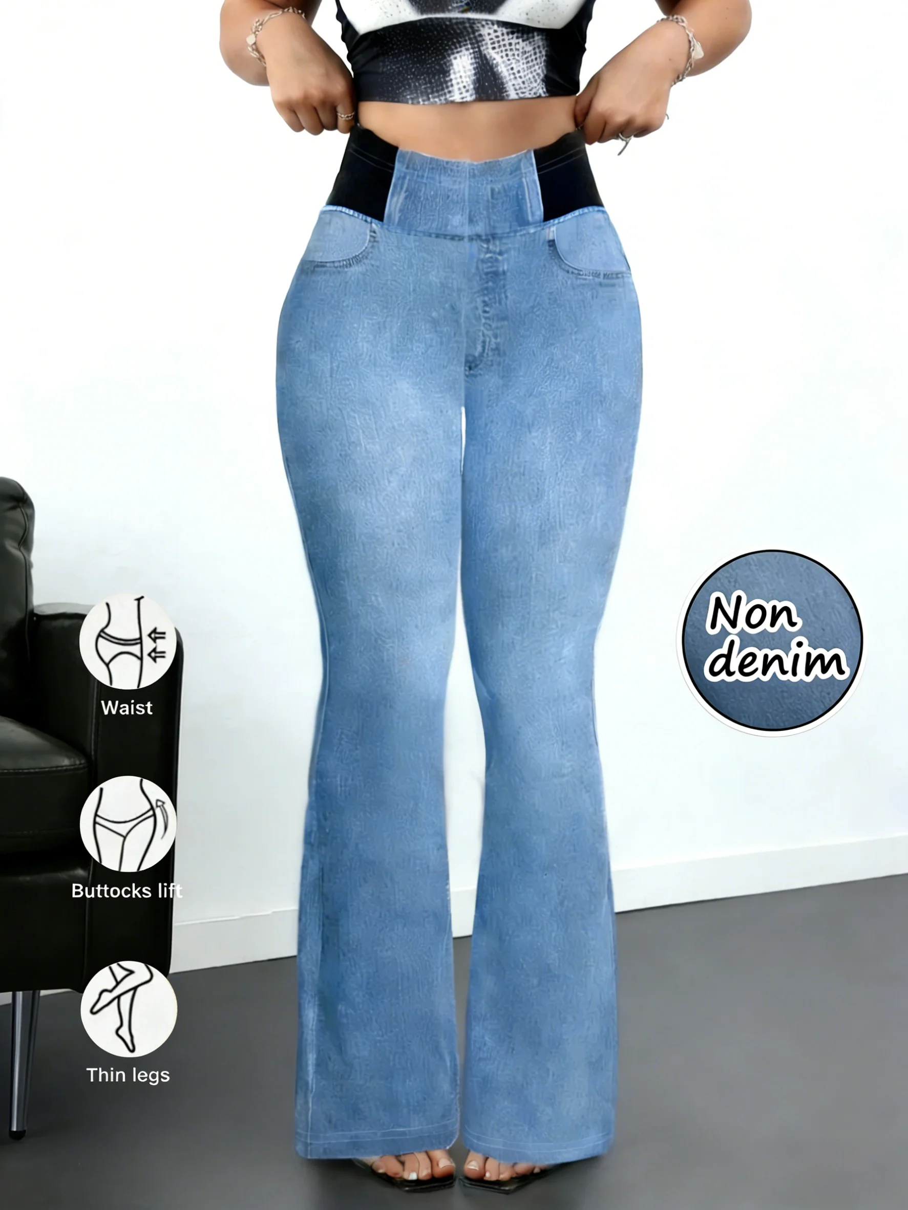 Damen High-Waist Flared Jeans ohne Denim, Hochelastische Leggings, Po-Formende Freizeithosen für Casual Streetwear