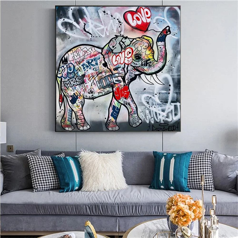 

Graffiti Love Elephant Canvas Painting Wall Pop Street Art Picture Cute Animal Poster Prints Modern Kid Room Home Decoration