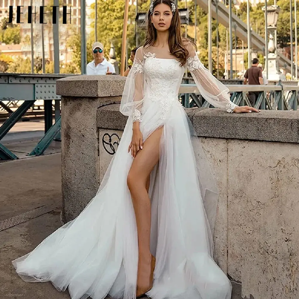 JEHETH Classic Side split Pull Puff Sleeves Wedding Dresses 2024 Boho A-Line Tulle Bridal Gown Button Custom Made Robe De Mariee