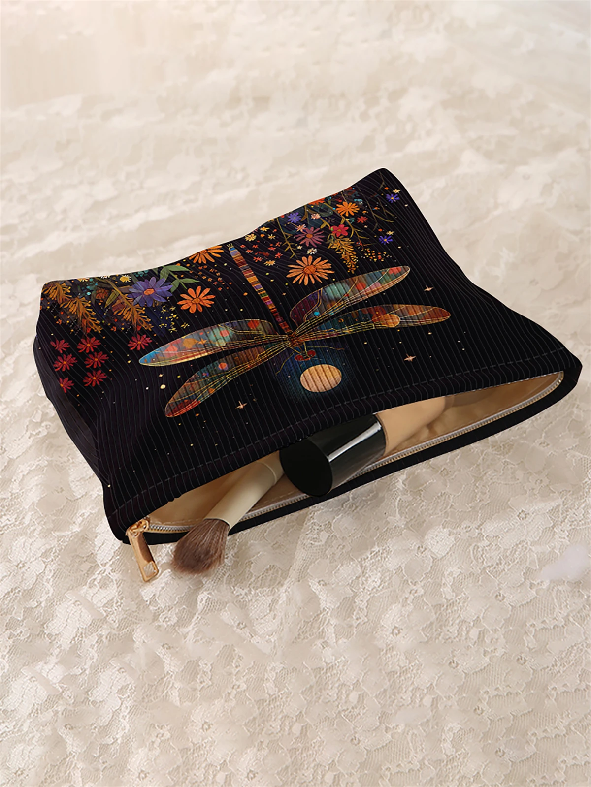 1 dragonfly corduroy makeup bag, lightweight zipper makeup storage box, multifunctional bag with lining