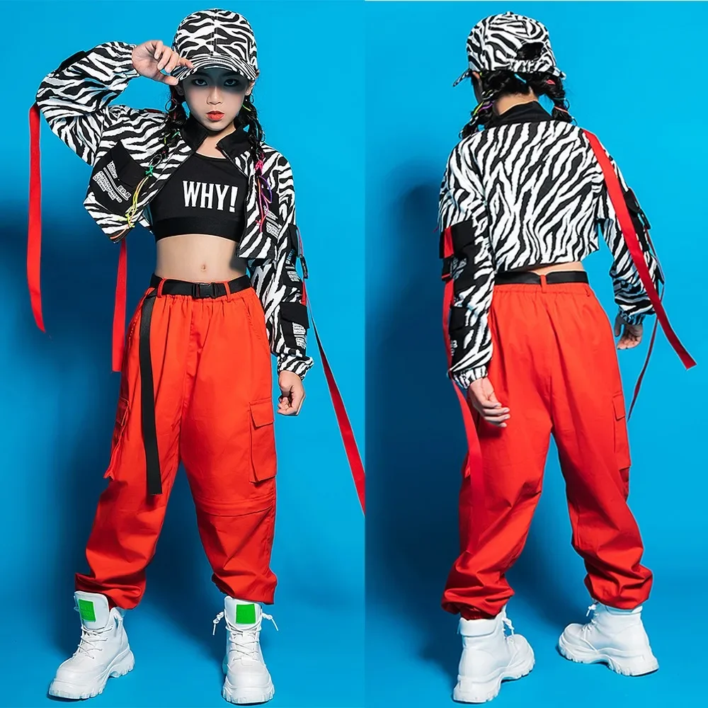 

Children Jazz Dance Costumes Zebra Pattern Jacket Coat Crop Tops Vest Red Hiphop Pants Child Girl Jazz Street Dance Wear Clothes