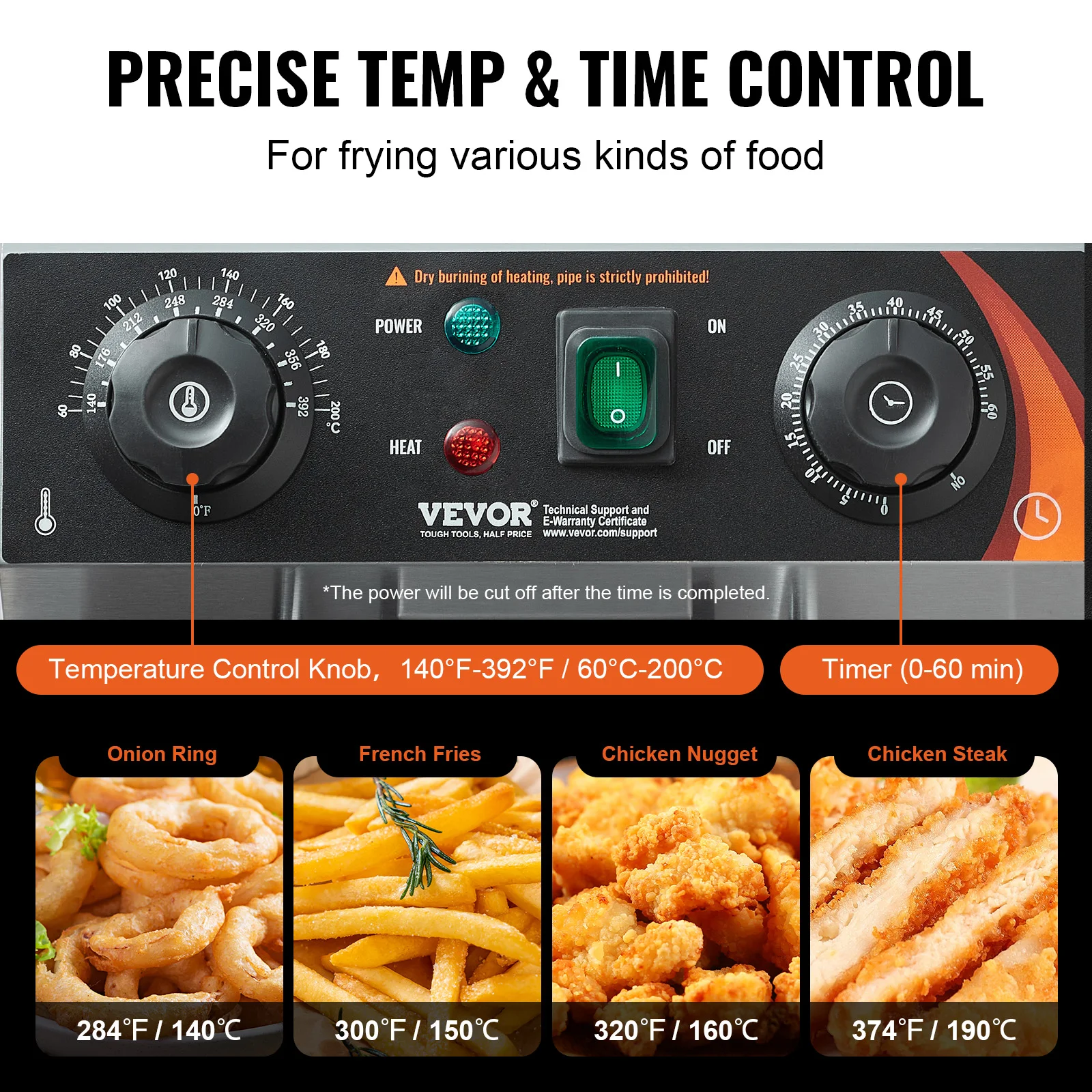 VEVOR Commercial Deep Fryer Electric Countertop Fryer with Basket 11.6Qt Stainless Steel Single Oil Fryer w/Time & Temp Control 4