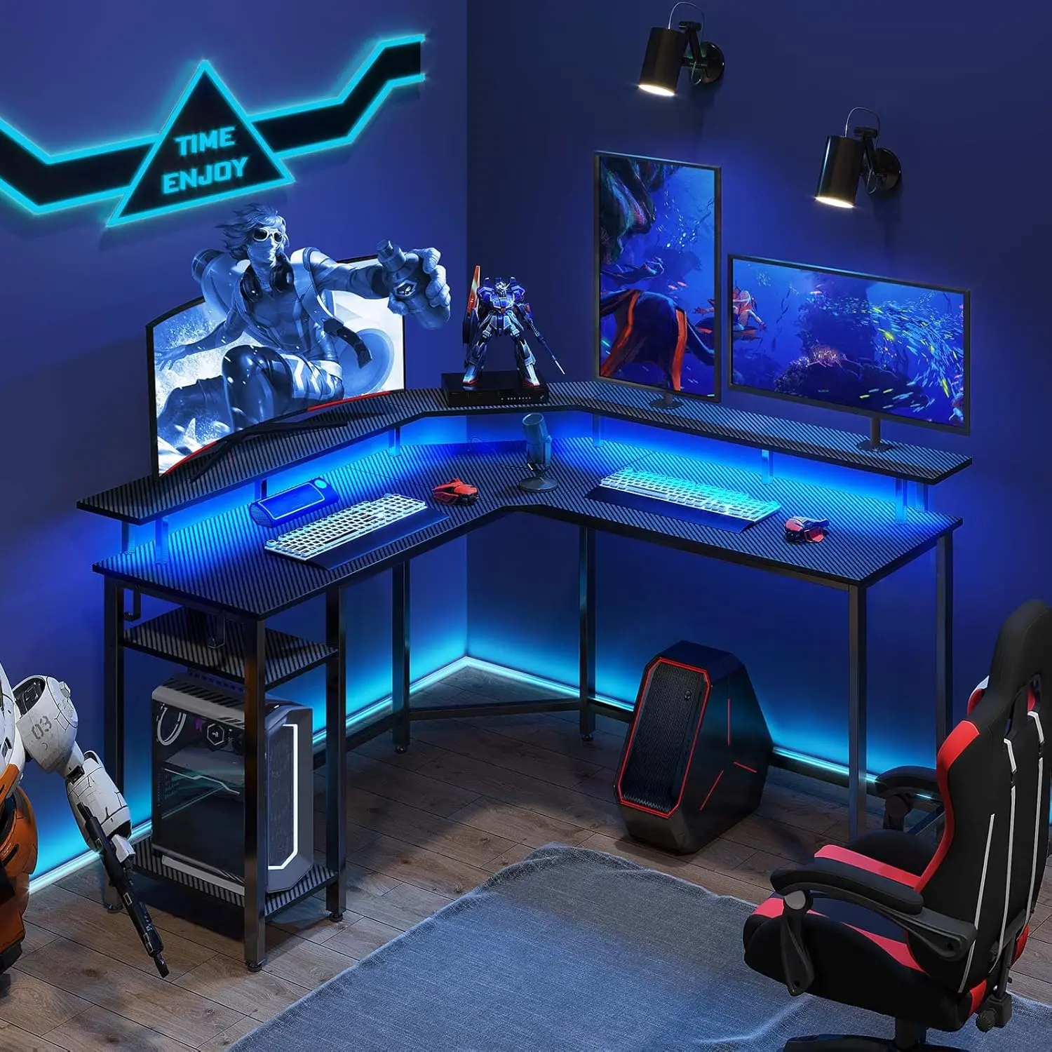 Rolanstar L Shaped Gaming Desk with LED Lights & Power Outlets, 56" Computer Desk with Full Monitor Stand & Storage Shelf, Corne 4