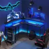 Rolanstar L Shaped Gaming Desk with LED Lights & Power Outlets, 56" Computer Desk with Full Monitor Stand & Storage Shelf, Corne 4