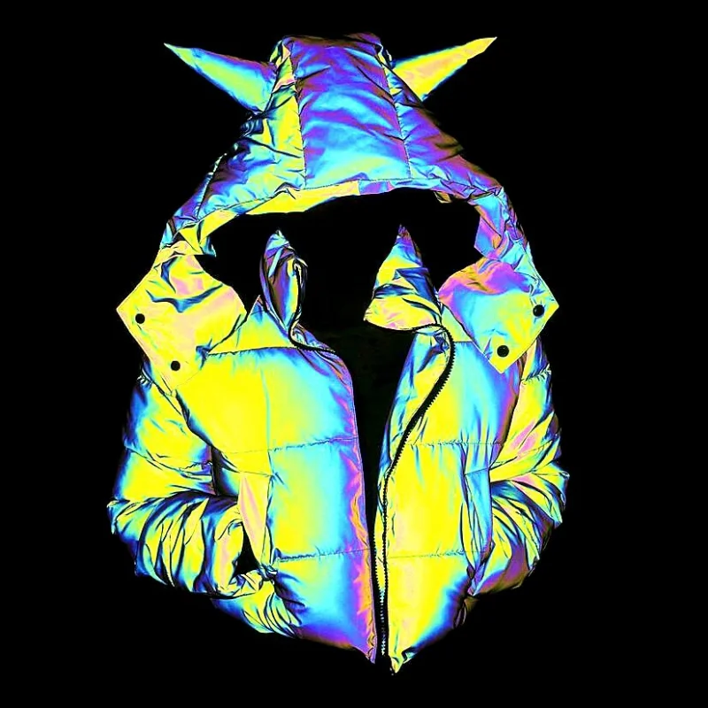 New Long-sleeved Short Hooded Colorful Reflective Cotton Clothing Women's Fashion Luminous Cotton Clothing