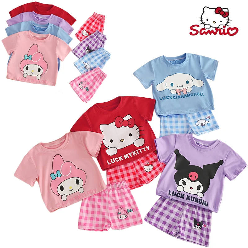 

Свитшот Sanrio Kawaii Hello Kitty Cinnamoroll, комплект с милой мультяшной детской футболкой, летние новые свободные шорты с коротким рукавом