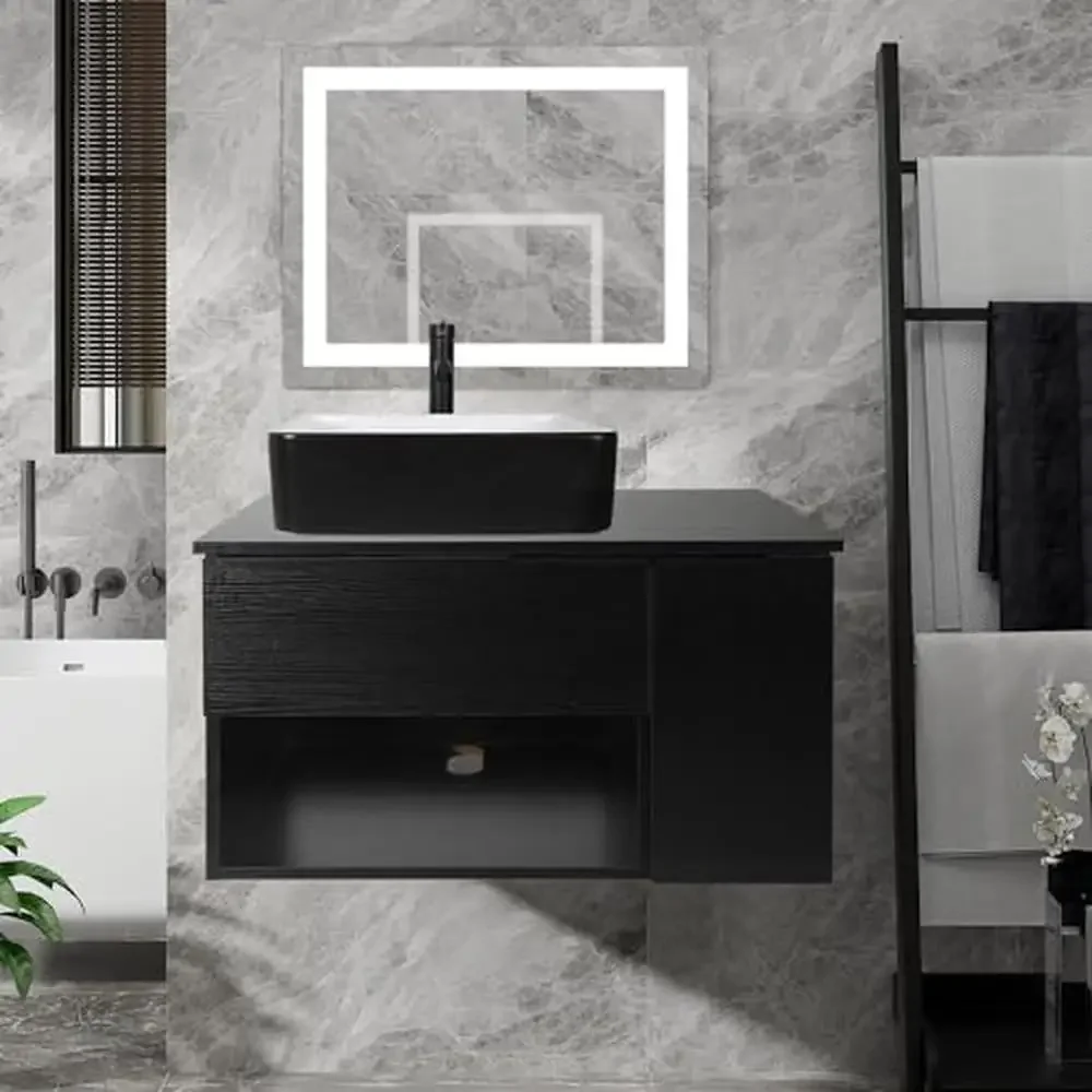 Black Wall Mounted Bathroom Vanity Cabinet Set with Glass Sink and Faucet Modern Design Extra Storage Space Easy Installation