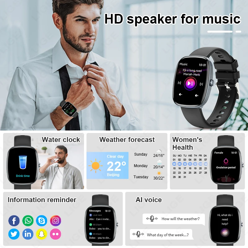 LIGE Fashion 1.83 inch HD Screen Smart Watch Women IP68 Waterproof Bluetooth Call Men Watches 24-hours Health Monitor Smartwatch