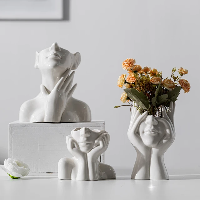1 pz ceramica viso umano vasi di fiori decorazioni per la casa crema arte  scultura testa umana pianta astratta vaso di fiori soggiorno decori -  AliExpress