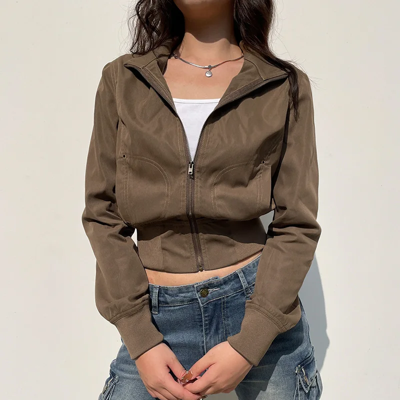 Jaquetas cortadas vintage para mulheres harajuku casual fino ajuste casaco com zíper y2k streetwear manga longa outerwear outono