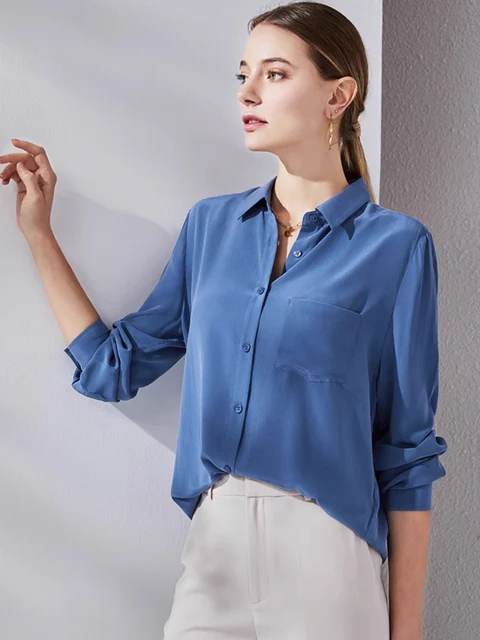 SuyaDream, Woman Solid Shirts, 100%Silk Crepe, Long Sleeved, Chest Pocket Chic Blue Blouses, 2024 Spring Summer Office Lady Top 4