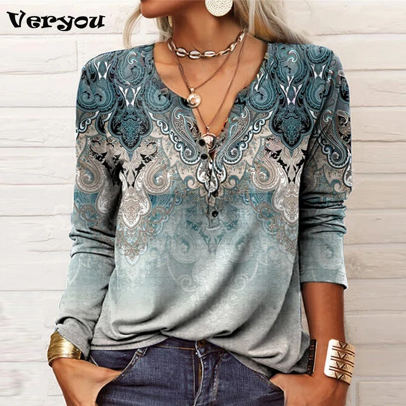 Ethnic Bohemian Tshirt Women's Autumn Winter V Neck Casual Vintage