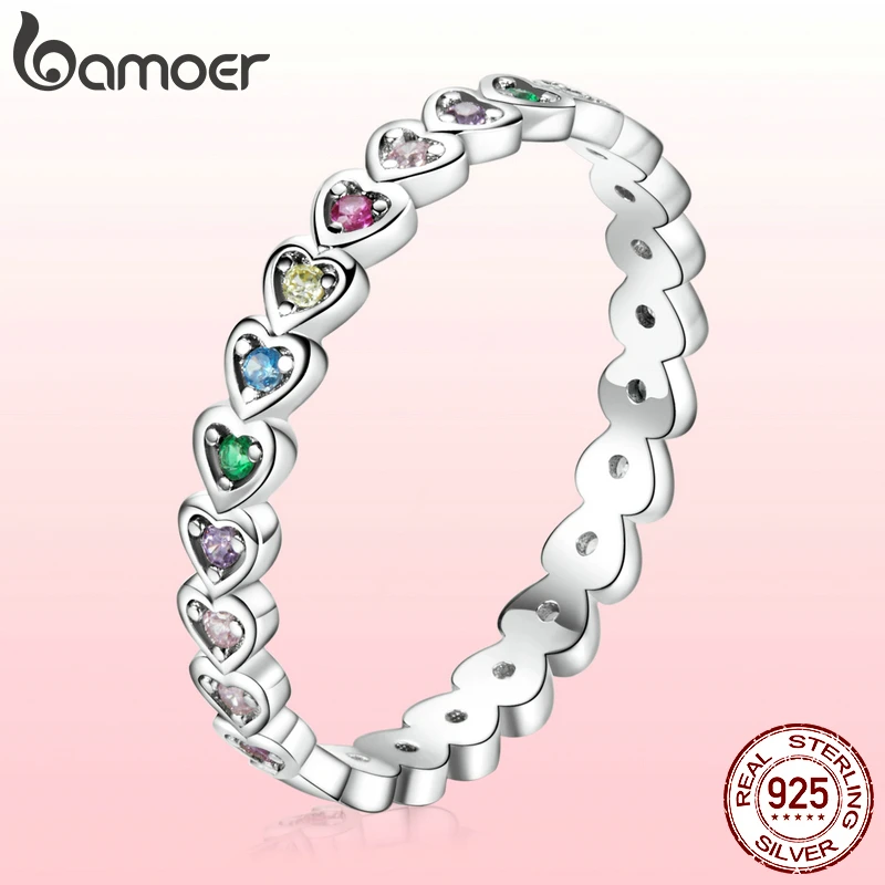 Bamoer 925 Sterling Silver Rainbow Heart Ring Colorful Zircon Ring Endless Love Fine Jewelry Lucky for Women Birthday Gift Silver Ring Silver Rings Silver Heart Ring