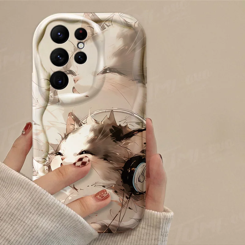 Lovely Music Cat 3D Wave Case For Samsung Galaxy S24 Ultra S23 S22 Plus S21 S20 FE A25 A55 A35 5G Shockproof Silicone Back Cover_voghion.com