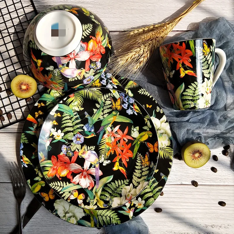 Vajilla de flores españolas, platos de cena de porcelana, tazón de cereales, taza, plato principal, plato de postre para comida occidental para el hogar, utensilios de cocina
